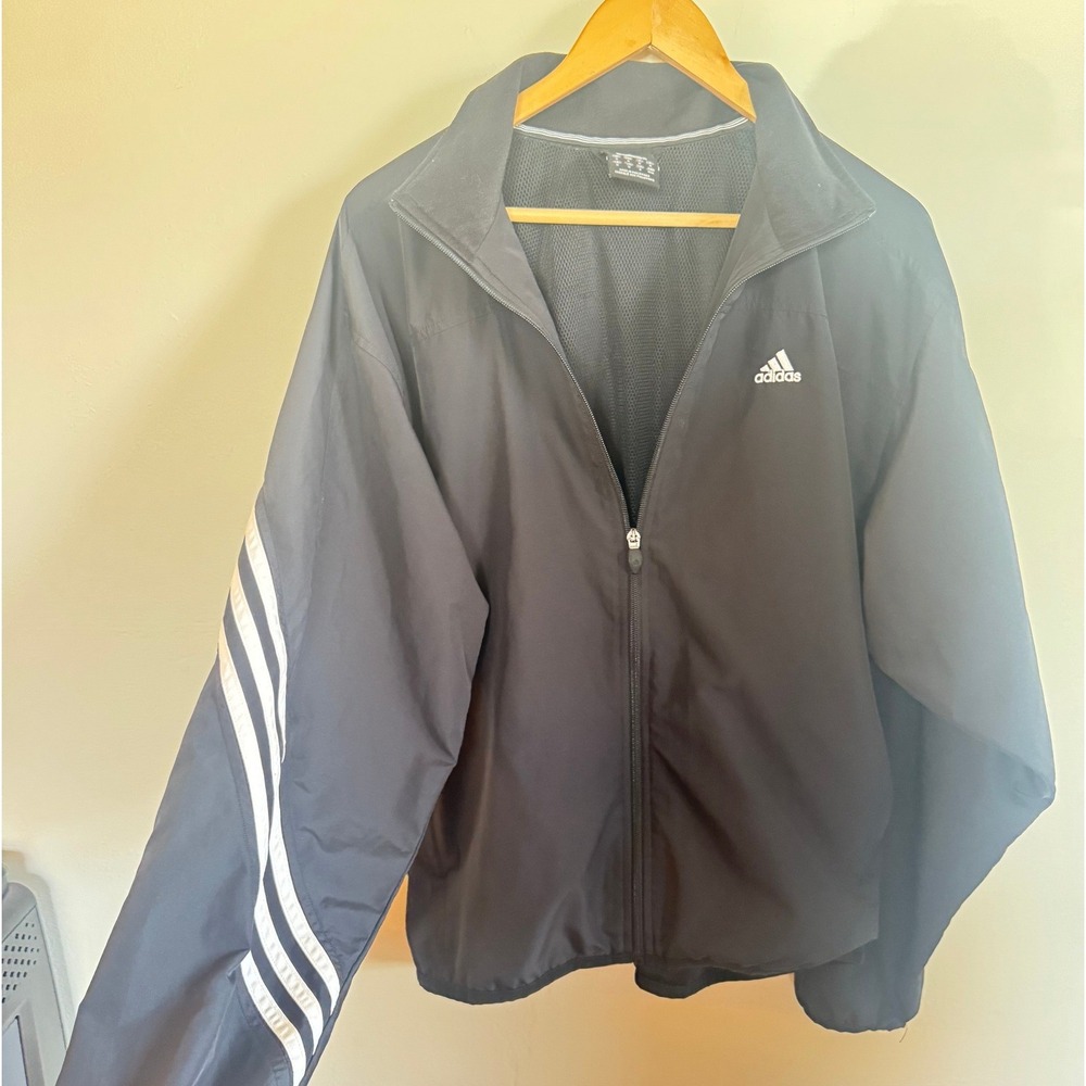 Adidas Mens Full Zip Windbreaker Jacket Black White 3 Stripe Mesh Lined